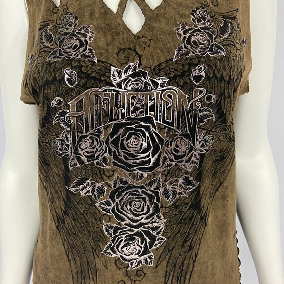 Affliction Women's Sleeveless Tank Top Wings & Roses Size L Distressed NWOT - Picture 3 of 8